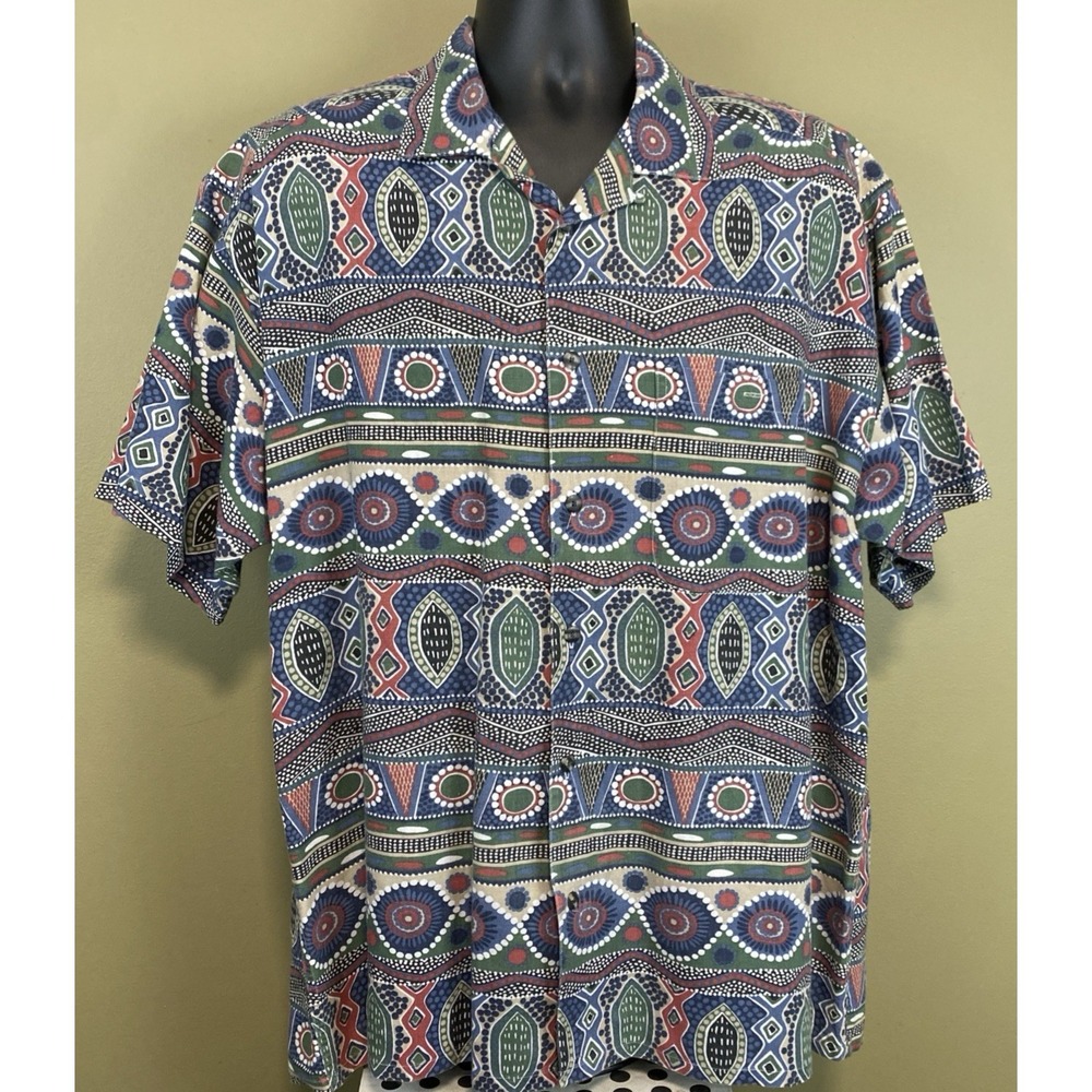 BTB Hawaiian Shirt Men's Size Large Geometric Tribal Beach Camp Linen Blend